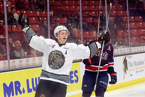 Rylen Roersma (18) of the Brandon Wheat Kings celebrates a goal last season when the team wore specialty Wheat City Walleye jerseys. He was traded to the Edmonton Oil Kings on Tuesday. (Tim Smith/The Brandon Sun)