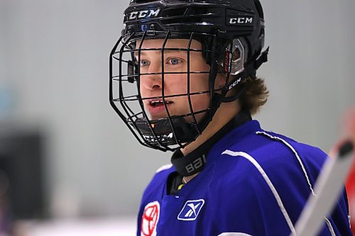 Under-18 AAA Brandon Wheat Kings defenceman Dustin Bell carries the puck during practice at J&G Homes Arena earlier this week. He was named team captain. (Perry Bergson/The Brandon Sun)