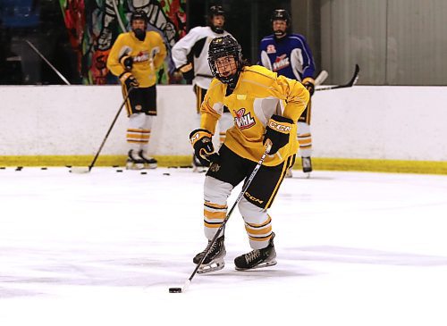 Under-18 AAA Brandon Wheat Kings forward Jonah Lemoine participates in a drill during practice at J&G Homes Arena earlier this week. He is an alternate captain this season and on elf four returning forwards from last year's incredibly successful club. (Perry Bergson/The Brandon Sun)