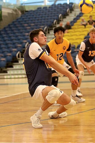 Brandon University Bobcats outside hitter Ryden Hargreaves passes a ball during BU's home tournament against the Winnipeg Wesmen on Thursday. (Thomas Friesen/The Brandon Sun)