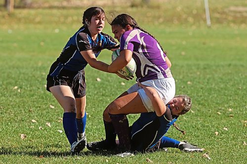 The Souris Sabres and the Vincent Massey Vikings JV rugby 7’s teams play during the Crocus 7’s Jamboree at Crocus Plains Regional Secondary School on Thursday. See more photos on Page B2. (Tim Smith/The Brandon Sun) 