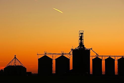 26092024
An airplane leaves a contrail across the orange sky over the Richardson Pioneer grain terminal in Kemnay shortly before sunrise on a warm Thursday morning. 
Tim Smith/The Brandon Sun) 