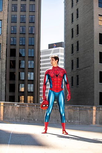 MIKAELA MACKENZIE / FREE PRESS
	
Josh Pchajek, a 22-year-old who bills himself as the Winnipeg Webhead, on Wednesday, Sept. 25, 2024. For the last three years, Josh has been portraying Spider-Man at events all over the city.

For Dave Sanderson story.
Winnipeg Free Press 2024