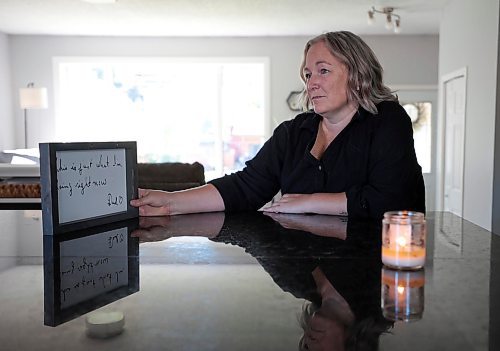 Ruth Bonneville / Free Press

Feature Silent Symptoms 

Portrait of Heather Brister at her home in Neepawa as she looks over a framed copy of a saying her father wrote that helped her get through her chemo therapy treatment. 

Breast Cancer story about Jennifer Borgfjord and Heather Brister, two women with dense breasts that did not have their cancerous tumours identified during their routine mammograms because they did not show up.  Both women should&#x576;e been told they needed an ultrasound or an MRI due to the nature of their breast tissue being dense which could&#x576;e  avoided the tumours from growing undetected. 

Heather was 44 when she found a 2cm lump during a self-breast exam. She had a mammogram, was told she was fine, and sent back home. 7 months later that lump was 10cm. She has had to have a mastectomy and the risk of the cancer spreading.  She has been told to basically live a full life as much as she can.

Similar story with Jennifer except that her tumour was removed, and she is considered to be in a stable condition. She must take  a bunch of meds daily.

The story is about how the MB health system has failed these women and how other women in the province should advocate  for themselves. Additionally in the province women are not allowed to self-refer for mammograms.

Story by AV Kitching 

Sept 25th,  2024