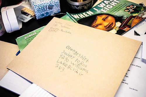 MIKAELA MACKENZIE / WINNIPEG FREE PRESS
	
An envelope of letters addressed to the founder of Orange Shirt Day, Phyllis Webstad, at Victory School on Wednesday, Sept. 25, 2024. 

For Maggie story.
Winnipeg Free Press 2024