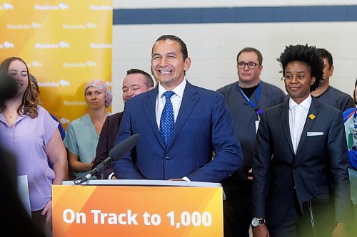 MIKE DEAL / FREE PRESS
Premier Wab Kinew along with Health, Seniors and Long-Term Care Minister Uzoma Asagwara announce at a media event held at the Grace Hospital, that the Manitoba government is over halfway to its goal of hiring 1,000 net new health-care workers, Thursday afternoon.
Reporter: Chris Kitching
240926 - Thursday, September 26, 2024.