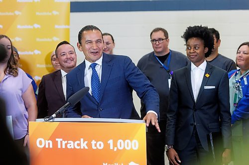 MIKE DEAL / FREE PRESS
Premier Wab Kinew along with Health, Seniors and Long-Term Care Minister Uzoma Asagwara announce at a media event held at the Grace Hospital, that the Manitoba government is over halfway to its goal of hiring 1,000 net new health-care workers, Thursday afternoon.
Reporter: Chris Kitching
240926 - Thursday, September 26, 2024.