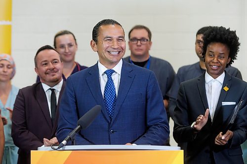 MIKE DEAL / FREE PRESS
Premier Wab Kinew along with Health, Seniors and Long-Term Care Minister Uzoma Asagwara announce at a media event held at the Grace Hospital, that the Manitoba government is over halfway to its goal of hiring 1,000 net new health-care workers, Thursday afternoon.
Reporter: Chris Kitching
240926 - Thursday, September 26, 2024.