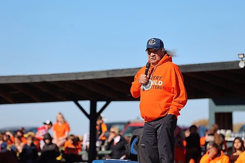 Former 18-year chief of Rolling River First Nation, Dennis White Bird, shares about the damage residential schools did to the community during an event on Friday. The band held a Truth and Reconciliation Day event for students and community members. (Connor McDowell/Brandon Sun)