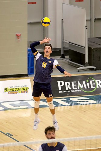 Brandon University Bobcats middle blocker Riley Brunet serves against the Waterloo Warriors during U Sports men's volleyball pre-season action at the Healthy Living Centre on Friday. (Thomas Friesen/The Brandon Sun)