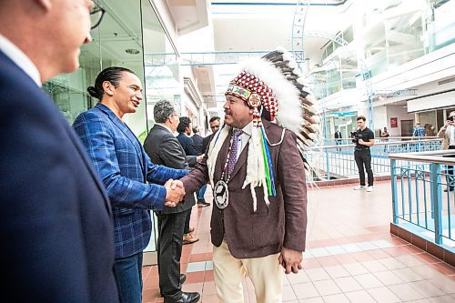 MIKAELA MACKENZIE / FREE PRESS
	
Premier Wab Kinew and SCO grand chief Jerry Daniels shake hands before a federal funding announcement at Portage Place on Friday, Sept. 27, 2024.

For Joyanne Story.
Winnipeg Free Press 2024