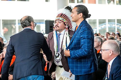 MIKAELA MACKENZIE / FREE PRESS
	
Jim Ludlow, president of True North Sports &amp; Entertainment's real estate development division (left), shakes hands with SCO grand chief Jerry Daniels at a federal funding announcement at Portage Place on Friday, Sept. 27, 2024.

For Joyanne Story.
Winnipeg Free Press 2024