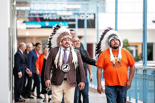 MIKAELA MACKENZIE / FREE PRESS
	
SCO grand chief Jerry Daniels (left) and Sandy Bay First Nation chief Trevor Prince walk to a federal funding announcement at Portage Place on Friday, Sept. 27, 2024.

For Joyanne Story.
Winnipeg Free Press 2024