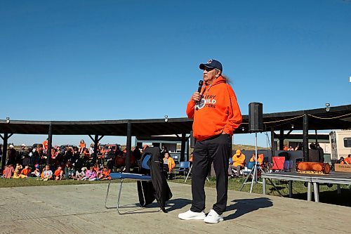 27092024
Former AMC Grand Chief Dennis White Bird of Rolling River First Nation speaks to area students and other guests during the Truth and Reconciliation 2024 event at Rolling River First Nation on Friday. 
(Tim Smith/The Brandon Sun)