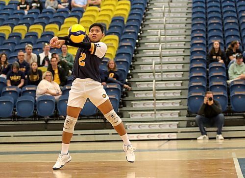 Brandon University Bobcats libero Michael Flor, shown passing a ball against the Queen's Gaels in BU's men's volleyball pre-season tournament, is entering his final Canada West season. (Thomas Friesen/The Brandon Sun)