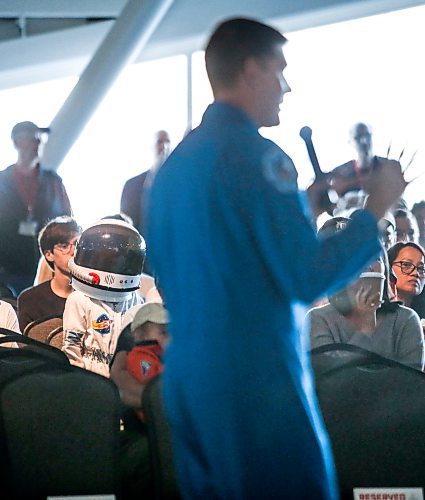 JOHN WOODS / FREE PRESS
Oliver Stuart came out to listen to Canadian astronaut Jeremy Hansen speak at Aviation Museum of Western Canada Sunday, September 29, 2024. Hansen will be the first Canadian astronaut selected for a mission around the moon. 

Reporter: tyler