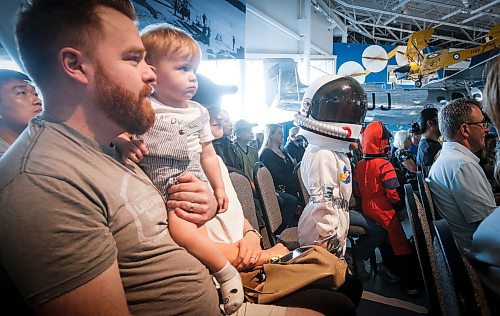 JOHN WOODS / FREE PRESS
Thomas Stuart and his children Alexander and Oliver came out to listen to Canadian astronaut Jeremy Hansen speak  at Aviation Museum of Western Canada Sunday, September 29, 2024. Hansen will be the first Canadian astronaut selected for a mission around the moon. 

Reporter: tyler