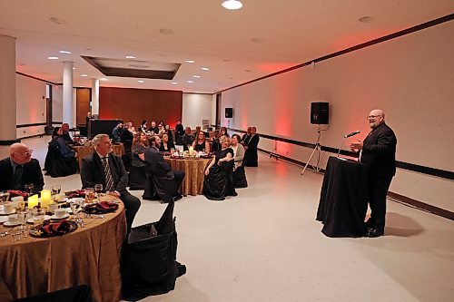 Shaun Cameron, chair of the Western Manitoba Centennial Auditorium Board of Governors and the Brandon city councillor for Ward 4, speaks during the WMCA's 55th Anniversary Fundraiser Gala at the auditorium on Tuesday evening. (Tim Smith/The Brandon Sun)