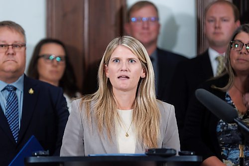 MIKE DEAL / FREE PRESS
Lauren Stone, MLA for Midland, speaks about being given the roll of critic for Finance and Manitoba Hydro, heading into the fall sitting of the Manitoba legislature at the Manitoba Legislative Building Tuesday afternoon.
Reporter: Carol Sanders
241001 - Tuesday, October 01, 2024.