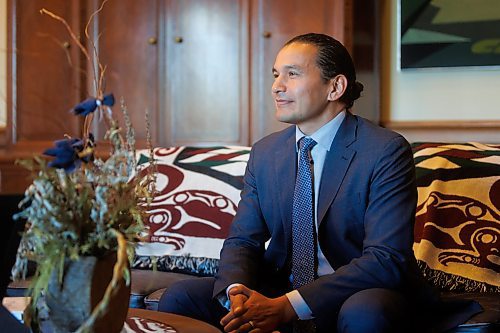 MIKE DEAL / FREE PRESS
Embargoed until October 3/24.  
Premier Wab Kinew during a one-on-one interview with reporter Carol Sanders in his office at the Manitoba Legislative Building Tuesday morning.
Reporter: Carol Sanders
241001 - Tuesday, October 01, 2024.