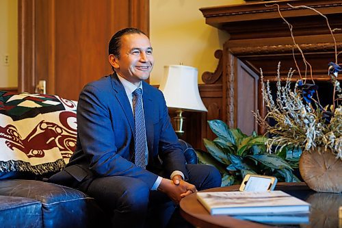 MIKE DEAL / FREE PRESS
Embargoed until October 3/24.  
Premier Wab Kinew during a one-on-one interview with reporter Carol Sanders in his office at the Manitoba Legislative Building Tuesday morning.
Reporter: Carol Sanders
241001 - Tuesday, October 01, 2024.