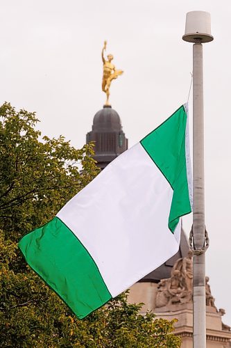 MIKE DEAL / FREE PRESS 
The Nigerian flag flys in Memorial Park as the Nigerian community celebrates Independence Day, which was granted in 1960 from Great Britain, Tuesday morning.
Reporter: 
241001 - Tuesday, October 01, 2024.