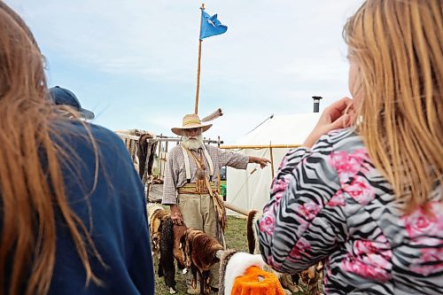 01102024
M&#xe9;tis educator Grant Armstrong speaks to students from &#xc9;cole O'Kelly School in Shilo during educational programming as part of Truth and Reconciliation Week 2024 at the Riverbank Discovery Centre grounds on Tuesday. 
(Tim Smith/The Brandon Sun)