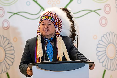 BROOK JONES / FREE PRESS
Southern Chiefs' Organization Grand Chief Jerry Daniels speaks during a funding announcement for the Wehwehneh Bahgahkinahgohn Project at the site of the former Hudson's Bay Company building in downtown Winnipeg, Man., Friday, May 24, 2024. Infrastructure Canada is investing $25 million  while PrairiesCan is investing $6 million for the redevelopment of the former Hudson&#x2019;s Bay building into a housing and cultural hub for Indigenous people.