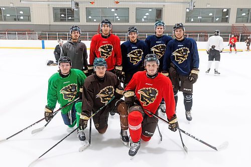 MIKE DEAL / FREE PRESS 
New recruits for the University of Manitoba Mens Bison Hockey team; (from left back row) Dawson Pasternak, Eric Alarie, Skyler Bruce, Caden Zaplitny, Riley Stotts, (from left front row) Mitchell Joss, Dexter Whittle, Grady Lane.
Reporter: Mike Sawatzky
241002 - Wednesday, October 02, 2024.