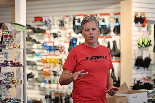 Cyclist Grant Hamilton announces his selection as only Canadian among 25 cyclist selected across the world to participate in pre-Tour de France event in June 2025 during a press conference at the A&L Cycle office located at 201 Rosser Ave. Wednesday afternoon. (Abiola Odutola/The Brandon Sun)