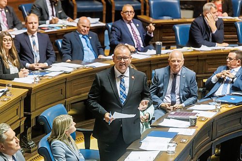 MIKE DEAL / FREE PRESS 
Wayne Ewasko, the interim leader of the Progressive Conservative Party, speaks in the Assembly Chamber as the 1st session of the 43rd Legislature reconvenes Wednesday afternoon.
Reporter: Carol Sanders and Maggie Macintosh
241002 - Wednesday, October 02, 2024.