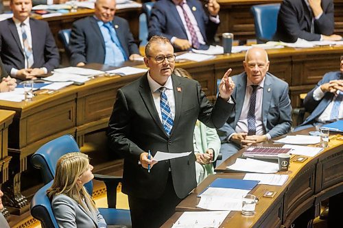 MIKE DEAL / FREE PRESS 
Wayne Ewasko, the interim leader of the Progressive Conservative Party, speaks in the Assembly Chamber as the 1st session of the 43rd Legislature reconvenes Wednesday afternoon.
Reporter: Carol Sanders and Maggie Macintosh
241002 - Wednesday, October 02, 2024.