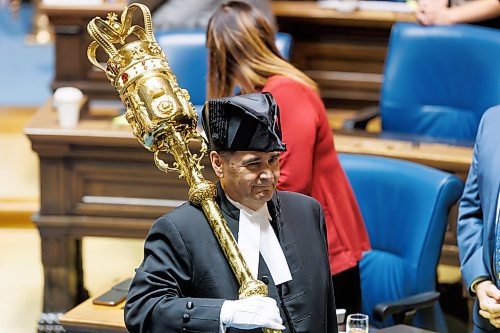 MIKE DEAL / FREE PRESS 
Dave Shuttleworth, Sergeant-at-Arms, brings The Mace into the Assembly Chamber as the 1st session of the 43rd Legislature reconvenes Wednesday afternoon.
Reporter: Carol Sanders and Maggie Macintosh
241002 - Wednesday, October 02, 2024.