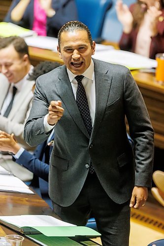 MIKE DEAL / FREE PRESS 
Premier Wab Kinew reacts to a question from the opposition during question period in the Assembly Chamber as the 1st session of the 43rd Legislature reconvenes Wednesday afternoon.
Reporter: Carol Sanders and Maggie Macintosh
241002 - Wednesday, October 02, 2024.