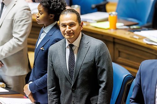 MIKE DEAL / FREE PRESS 
Premier Wab Kinew acknowledges the Speaker, Tom Lindsey, as he enters the Assembly Chamber as the 1st session of the 43rd Legislature reconvenes Wednesday afternoon.
Reporter: Carol Sanders and Maggie Macintosh
241002 - Wednesday, October 02, 2024.