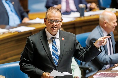 MIKE DEAL / FREE PRESS 
Wayne Ewasko, the interim leader of the Progressive Conservative Party, speaks in the Assembly Chamber as the 1st session of the 43rd Legislature reconvenes Wednesday afternoon.
Reporter: Carol Sanders and Maggie Macintosh
241002 - Wednesday, October 02, 2024.