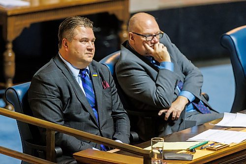 MIKE DEAL / FREE PRESS 
Former NDP MLA (Fort Garry), Mark Wasyliw, watches in the Assembly Chamber as the 1st session of the 43rd Legislature reconvenes Wednesday afternoon.
Reporter: Carol Sanders and Maggie Macintosh
241002 - Wednesday, October 02, 2024.