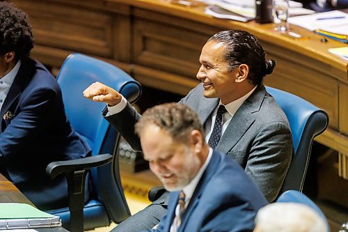 MIKE DEAL / FREE PRESS 
Premier Wab Kinew mimes the pulling of a fire alarm jokingly accusing the opposition of disrupting his answer during question period in the Assembly Chamber as the 1st session of the 43rd Legislature reconvenes Wednesday afternoon.
Reporter: Carol Sanders and Maggie Macintosh
241002 - Wednesday, October 02, 2024.