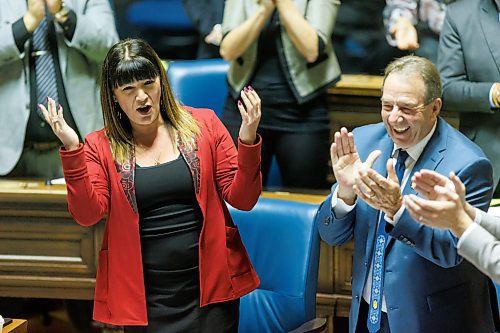 MIKE DEAL / FREE PRESS 
Minister of Housing, Addictions and Homelessness, Bernadette Smith, answers a question made by former NDP, now independent, MLA (Fort Garry), Mark Wasyliw during question period as the 1st session of the 43rd Legislature reconvenes Wednesday afternoon.
Reporter: Carol Sanders and Maggie Macintosh
241002 - Wednesday, October 02, 2024.