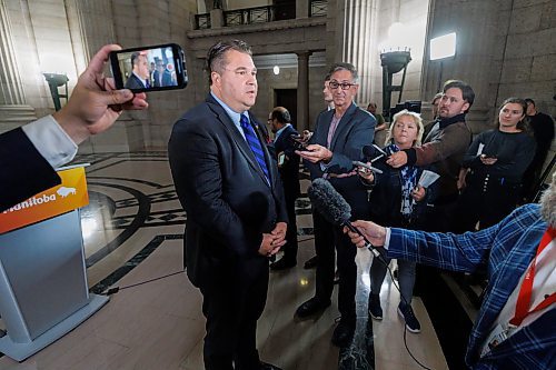 MIKE DEAL / FREE PRESS 
Former NDP, now independent, MLA (Fort Garry), Mark Wasyliw decided to beat Premier Wab Kinew to the media scrum, after question period as the 1st session of the 43rd Legislature reconvenes Wednesday afternoon.
Reporter: Carol Sanders and Maggie Macintosh
241002 - Wednesday, October 02, 2024.