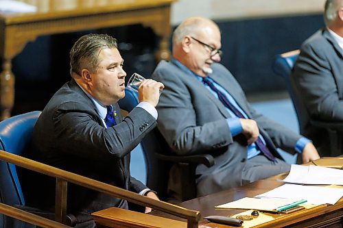 MIKE DEAL / FREE PRESS 
Former NDP, now independent, MLA (Fort Garry), Mark Wasyliw drinks some water after asking a question of his former boss, Premier Wab Kinew, during question period as the 1st session of the 43rd Legislature reconvenes Wednesday afternoon.
Reporter: Carol Sanders and Maggie Macintosh
241002 - Wednesday, October 02, 2024.