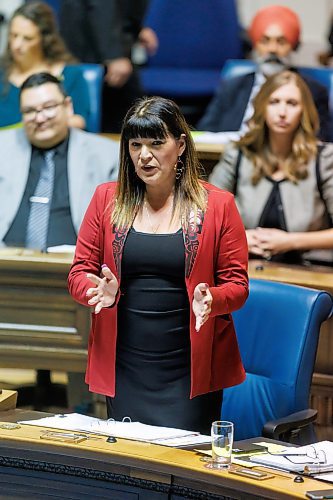 MIKE DEAL / FREE PRESS 
Minister of Housing, Addictions and Homelessness, Bernadette Smith, answers a question made by former NDP, now independent, MLA (Fort Garry), Mark Wasyliw during question period as the 1st session of the 43rd Legislature reconvenes Wednesday afternoon.
Reporter: Carol Sanders and Maggie Macintosh
241002 - Wednesday, October 02, 2024.