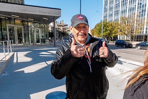 MIKE DEAL / FREE PRESS
Clarence Woodhouse gestures thumbs up while leaving court after he was acquitted and declared innocent of the killing that took place in Winnipeg in 1973.
Reporter: Katrina Clarke
241003 - Thursday, October 03, 2024.