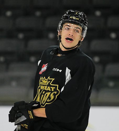 Brandon Wheat Kings defenceman Charlie Elick glances at another player after the team stretch following practice on Thursday at Westoba Place. He said his first experience at a National Hockey League fall camp was a good one. (Perry Bergson/The Brandon Sun)
Oct. 4, 2024