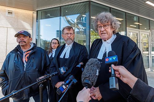 MIKE DEAL / FREE PRESS
Clarence Woodhouse (left) while his lawyers, Jerome Kennedy (centre), and James Lockyer (right) speak to the media after he was acquitted and declared innocent of the killing that took place in Winnipeg in 1973.
Reporter: Katrina Clarke
241003 - Thursday, October 03, 2024.