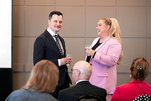 MIKAELA MACKENZIE / FREE PRESS
	
Kevin Selch, founder of Little Brown Jug Brewing Company, and Amanda Buhse, co-founder of Coal and Canary and 2024/2025 incoming board chair, chat at Winnipeg Chamber of Commerce&#x573; Annual General Meeting before Selch is sworn in as the organization&#x573; 2024/2025 board chair on Thursday, Oct. 3, 2024.

For Aaron Epp story.
Winnipeg Free Press 2024