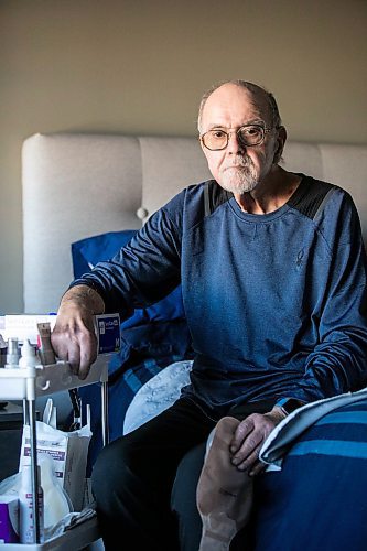 MIKAELA MACKENZIE / FREE PRESS
	
Joel Shefrin, who uses as ostomy bag for bowel movements and has not recieved timely home care when the bags have failed, with some of his ostomy bag supplies on Thursday, Oct. 3, 2024.

For Kevin story.
Winnipeg Free Press 2024