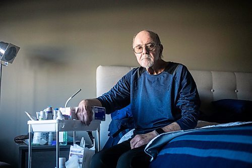 MIKAELA MACKENZIE / FREE PRESS
	
Joel Shefrin, who uses as ostomy bag for bowel movements and has not recieved timely home care when the bags have failed, with some of his ostomy bag supplies on Thursday, Oct. 3, 2024.

For Kevin story.
Winnipeg Free Press 2024