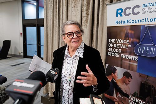 MIKE DEAL / FREE PRESS
Retail Council of Canada President, Diane Brisebois, speaks to the media after talking to about 400 attendees at the Retail Crime Summit that was held at the RBC Convention Centre Friday.
Reporter: Nicole Buffie
241004 - Friday, October 04, 2024.