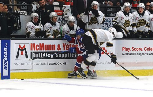 Brandon Wheat Kings defenceman Charlie Elick (7) catches Edmonton Oil Kings forward Lukas Sawchyn (95) with a hip check at the Brandon bench during Western Hockey League action at Westoba Place on Friday. (Perry Bergson/The Brandon Sun)
Oct. 4, 2024